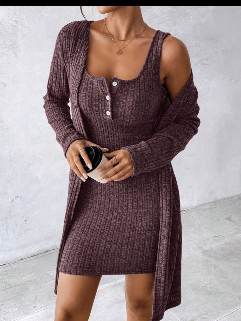 Women's Rust Brown Ribbed Tank Mini Dress with Matching Cardigan. #8164